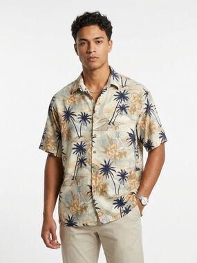Pierre Cardin Hawaiian Shirt Pin Up Palm Tree Rayon Beige Blue XL